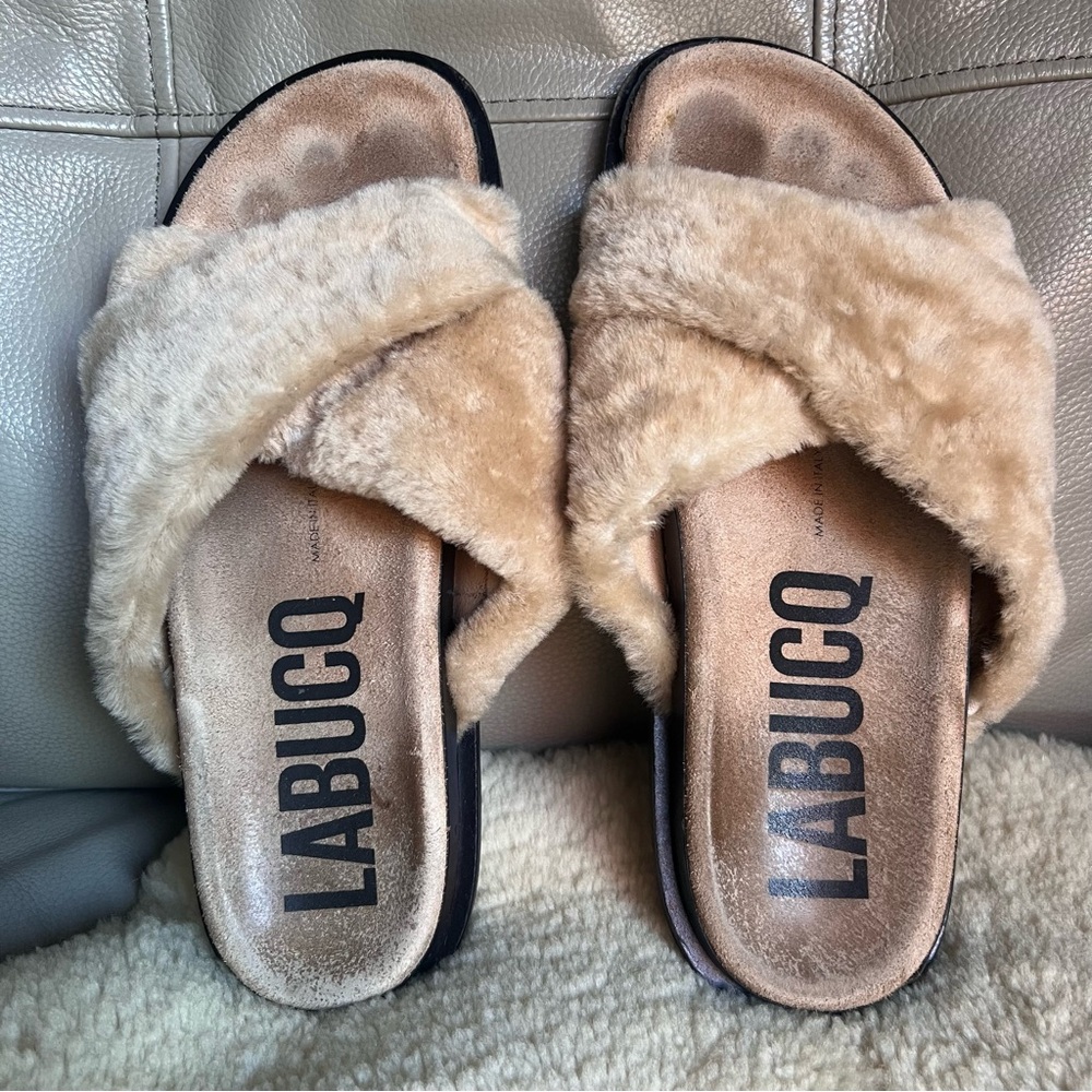 Labucq Mo Genuine Lamb Shearling Leather Slide Sandal Sz 39 US 9 Chunky Italy - Picture 13 of 16